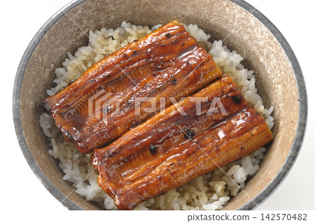 A single serving of eel rice bowl photographed against a white background. A single serving of eel rice bowl photographed against a white background. 142570482