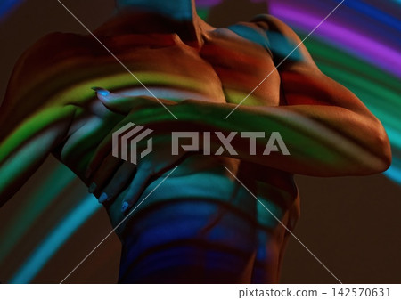 Nude woman sitting in dark studio with projector stripes on body Nude woman sitting in dark studio with projector stripes on body 142570631