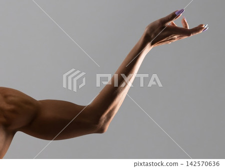 Woman's arm extends upward in studio, with manicured nails Woman's arm extends upward in studio, with manicured nails 142570636