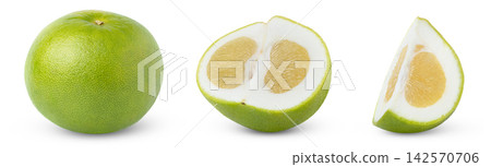 Isolated sweetie grapefruit set. Whole sweetie citrus, oroblanco, pomelit or pomelo and cut in a half of sweetie grapefruit. Isolated cut in a slice of sweetie. Isolated sweetie grapefruit set. Whole sweetie citrus, oroblanco, pomelit or pomelo and cut in a half of sweetie grapefruit. Isolated cut in a slice of sweetie. 142570706