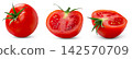 Juicy tomato isolated. Whole tomato, cut in half of tomato on white with clipping path. Tomatoes set. 142570709