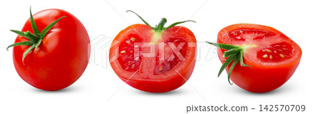 Juicy tomato isolated. Whole tomato, cut in half of tomato on white with clipping path. Tomatoes set. 142570709