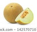 Juicy cantaloupe melon and cut in a slice of melon isolated. 142570710