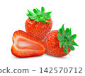 Perfect strawberries isolated. Two red juicy strawberry and cut in half of strawberry berry isol 142570712
