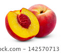 Juicy fresh red peach and cut in a half of peach isolated on white background, clipping path. 142570713