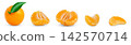 Ripe tangerines, whole, peeled, without peel, slice of clementine isolated. Mandarin with leaf set. 142570714