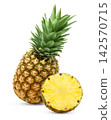Juicy pineapple and pineapple slice isolated on white background. Ripe pineapple and half of pineapple with clipping path. 142570715