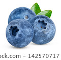 Isolated blueberries with green leaves. Fresh blueberry berry and green leaf isolate on white. 142570717