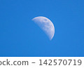Daytime moon. Moon in the daylight. Moon during the day. White half moon visible in the daytime against a blue sky. 142570719