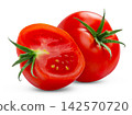 Whole tomato and cut of organicred tomato isolated on white background. Not AI, retouched image. 142570720