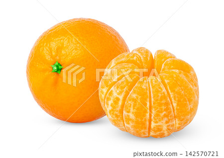 Ripe tangerine or clementine fruit with peeled one. Fresh mandarin fruit with slices of clementine on white background. Ripe tangerine or clementine fruit with peeled one. Fresh mandarin fruit with slices of clementine on white background. 142570721