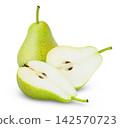 Cut of green pear fruits isolated on white background. Isolated fresh pears.  142570723