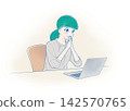 A woman (in blue) grins while looking at her laptop. 142570765