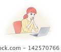 A woman (in yellow) grins while looking at her laptop. 142570766