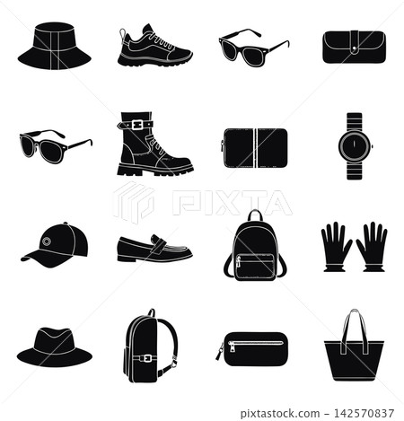 The image shows a set of black silhouette icons depicting various fashion accessories and footwear The image shows a set of black silhouette icons depicting various fashion accessories and footwear 142570837