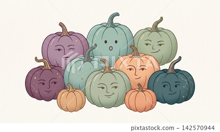 Group of colorful stylized pumpkins with human faces on a background Group of colorful stylized pumpkins with human faces on a background 142570944
