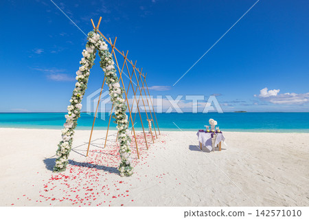 Enchanting swing wedding arch draped florals petal pathway powdery shore vivid azure sea beach ceremony. Luxury destination wedding paradise scenic. Exotic honeymoon celebration decor Enchanting swing wedding arch draped florals petal pathway powdery shore vivid azure sea beach ceremony. Luxury destination wedding paradise scenic. Exotic honeymoon celebration decor 142571010