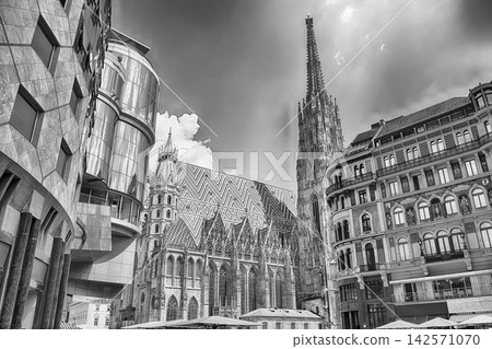 St. Stephen's Cathedral viewed from a modern building in Vienna St. Stephen's Cathedral viewed from a modern building in Vienna 142571070