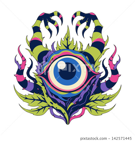 This is a vibrant, psychedelic vector illustration of a stylized all-seeing blue eye This is a vibrant, psychedelic vector illustration of a stylized all-seeing blue eye 142571445
