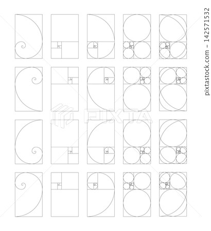 Vertical Fibonacci numbers array set of 15 elements. Template of golden ratio harmony proportions. Ratio used in design, art. 142571532