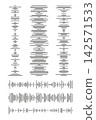 Set of wave radio icons. Record interface. Equalizer icons with soundwave lines. Monochrome simple sound wave. Vector wave sound icon. Music player, application, sound bar. 142571533