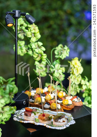 Vertical elegant canapes appetizers on silver tray with green flowers black spotlight background Vertical elegant canapes appetizers on silver tray with green flowers black spotlight background 142571593