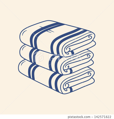 Hand drawn illustration of a stack of folded towels with blue stripes. Minimalist blue line art. Hand drawn illustration of a stack of folded towels with blue stripes. Minimalist blue line art. 142571822