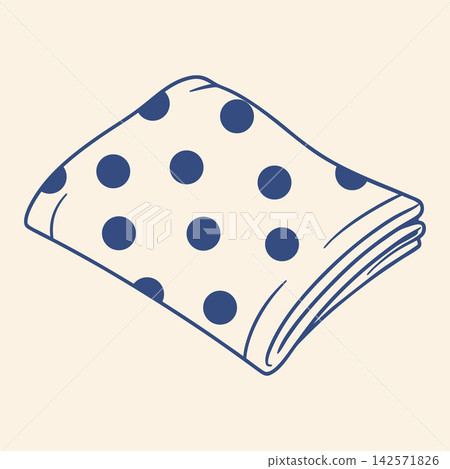 Hand drawn illustration of a folded polka dot towel. Minimalist blue line art. Hand drawn illustration of a folded polka dot towel. Minimalist blue line art. 142571826