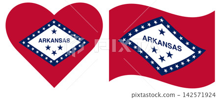 Arkansas flags variation. Waving flag of Arkansas isolate. Arkansas flag in heart shape. Arkansas flags variation. Waving flag of Arkansas isolate. Arkansas flag in heart shape. 142571924