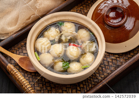 traditional Asian Fish Ball Soup with Seaweed and Fresh Cilantro traditional Asian Fish Ball Soup with Seaweed and Fresh Cilantro 142572039