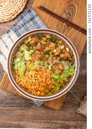 authentic Chinese Noodle Soup with Savory Donkey Meatballs and Scallions authentic Chinese Noodle Soup with Savory Donkey Meatballs and Scallions 142572150