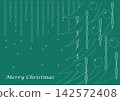 A solid green background featuring a line drawing of a Christmas tree and ornaments. 142572408