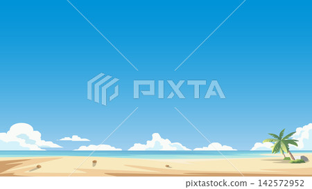 Horizontal of a tropical beach landscape featuring sandy shores ocean waves and a coconut tree. Under a clear blue sky. Perfect for creating a vast bright blue sky background. Horizontal of a tropical beach landscape featuring sandy shores ocean waves and a coconut tree. Under a clear blue sky. Perfect for creating a vast bright blue sky background. 142572952