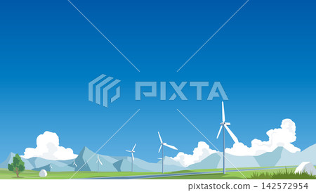 Horizontal of a green renewable energy landscape backdrop with wind turbines and mountains. Under a blue sky with clouds. Perfect for creating a vast bright blue sky background. Horizontal of a green renewable energy landscape backdrop with wind turbines and mountains. Under a blue sky with clouds. Perfect for creating a vast bright blue sky background. 142572954