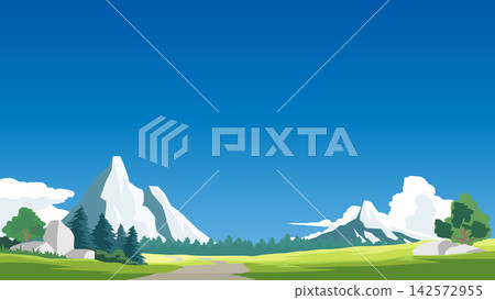 Horizontal of a scenic alpine landscape featuring snowy mountain peaks green fields and trees. Under a clear blue sky. Perfect for creating a vast bright blue sky background. Horizontal of a scenic alpine landscape featuring snowy mountain peaks green fields and trees. Under a clear blue sky. Perfect for creating a vast bright blue sky background. 142572955