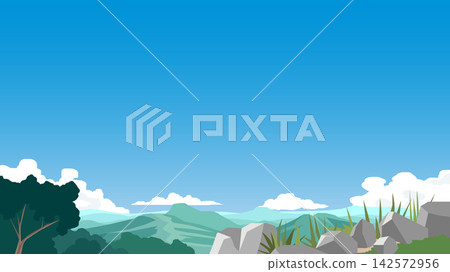 Horizontal of a rocky green forest landscape backdrop with rolling hills and bushes. Under a bright blue sky with white clouds. Perfect for creating a vast bright blue sky background. Horizontal of a rocky green forest landscape backdrop with rolling hills and bushes. Under a bright blue sky with white clouds. Perfect for creating a vast bright blue sky background. 142572956