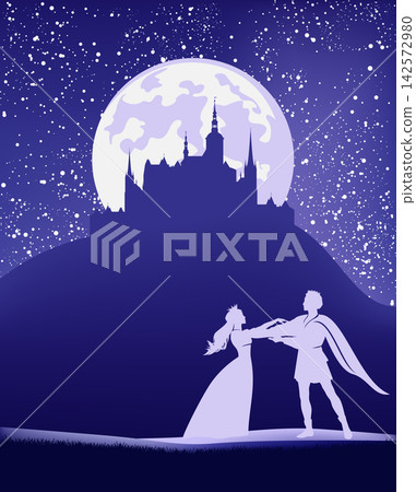 fairy tale prince and princess under full moon and stars with castle in the background vector silhouette scene 142572980