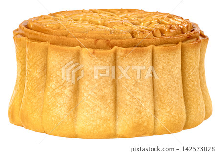 A traditional golden-brown mooncake isolated. Close-up side view showing the scalloped edges and detailed decorative pattern on top. Ideal for Mid-Autumn Festival concepts. A traditional golden-brown mooncake isolated. Close-up side view showing the scalloped edges and detailed decorative pattern on top. Ideal for Mid-Autumn Festival concepts. 142573028