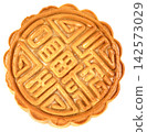 Top view of a traditional Chinese mooncake isolated. Golden baked pastry featuring intricate patterns and Chinese characters, typical for Mid-Autumn Festival celebrations. 142573029