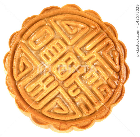 Top view of a traditional Chinese mooncake isolated. Golden baked pastry featuring intricate patterns and Chinese characters, typical for Mid-Autumn Festival celebrations. Top view of a traditional Chinese mooncake isolated. Golden baked pastry featuring intricate patterns and Chinese characters, typical for Mid-Autumn Festival celebrations. 142573029