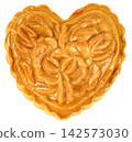 Golden heart-shaped mooncake with intricate butterfly and floral molded patterns. Traditional Chinese pastry for Mid-Autumn Festival isolated. Sweet holiday food dessert. 142573030