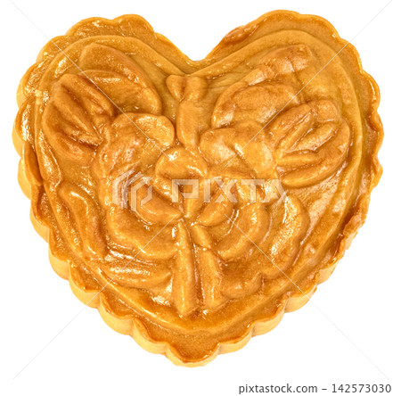 Golden heart-shaped mooncake with intricate butterfly and floral molded patterns. Traditional Chinese pastry for Mid-Autumn Festival isolated. Sweet holiday food dessert. Golden heart-shaped mooncake with intricate butterfly and floral molded patterns. Traditional Chinese pastry for Mid-Autumn Festival isolated. Sweet holiday food dessert. 142573030
