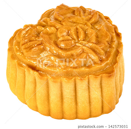 Single heart shaped golden brown mooncake with floral pattern isolated. Traditional Chinese pastry for Mid-Autumn Festival and lunar holiday. Delicious sweet baked Asian dessert. Single heart shaped golden brown mooncake with floral pattern isolated. Traditional Chinese pastry for Mid-Autumn Festival and lunar holiday. Delicious sweet baked Asian dessert. 142573031