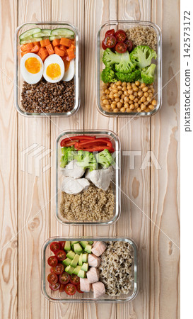 Healthy meal prep containers arranged Healthy meal prep containers arranged 142573172