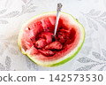 half fresh watermelon with tablespoon on table 142573530