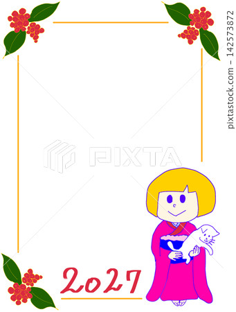 Hand-drawn frame for New Year's Day 2027: A Japanese-style illustration of a girl in a kimono, a white cat, and a nandina plant. Hand-drawn frame for New Year's Day 2027: A Japanese-style illustration of a girl in a kimono, a white cat, and a nandina plant. 142573872