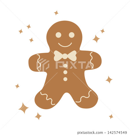 Hand-drawn iced Christmas gingerbread man cookie isolated illustration for seasonal winter holiday decor, menu, packaging Hand-drawn iced Christmas gingerbread man cookie isolated illustration for seasonal winter holiday decor, menu, packaging 142574549