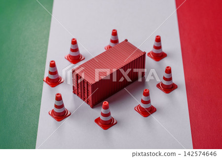 The cargo container ban on the Italian flag as a conceptual backdrop. Cargo container embargo 142574646
