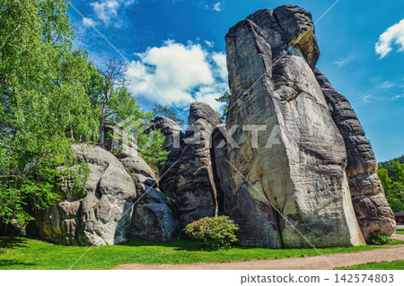 Adrspach-Teplice Rock Town, footpath and green lawn in Czech Republic Adrspach-Teplice Rock Town, footpath and green lawn in Czech Republic 142574803