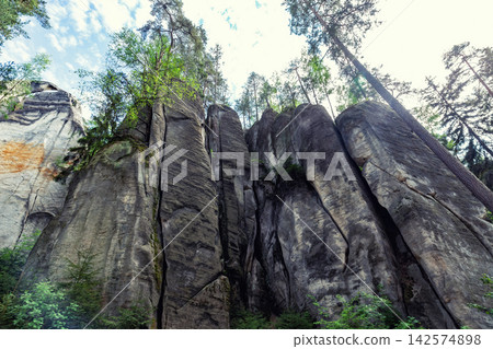 Huge rocks formations and trees growing on stones. Adrspach Teplice Rock Town in Czech Republic. Huge rocks formations and trees growing on stones. Adrspach Teplice Rock Town in Czech Republic. 142574898